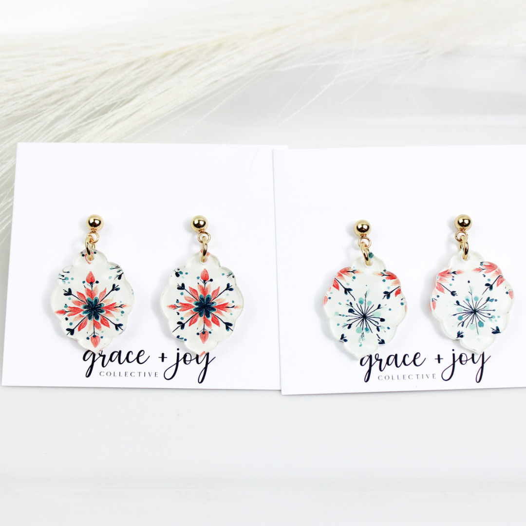 Retro Watercolor Snowflake Scalloped Earrings - Dangle image 3
