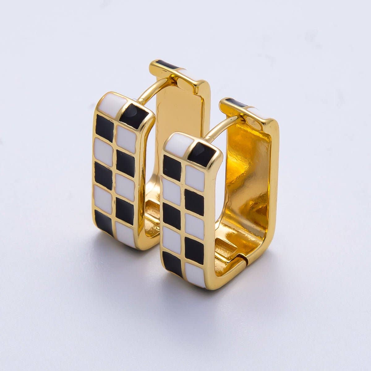 Checkered Enamel Square Huggie Earrings