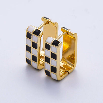 Checkered Enamel Square Huggie Earrings