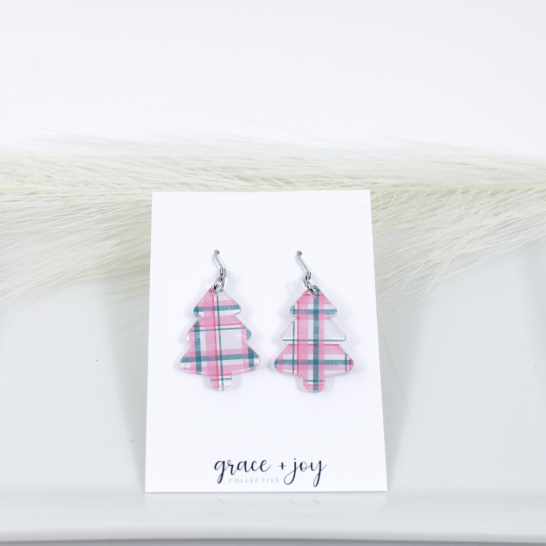 Pink and Grey Christmas Tree Earrings -Dangles image 3