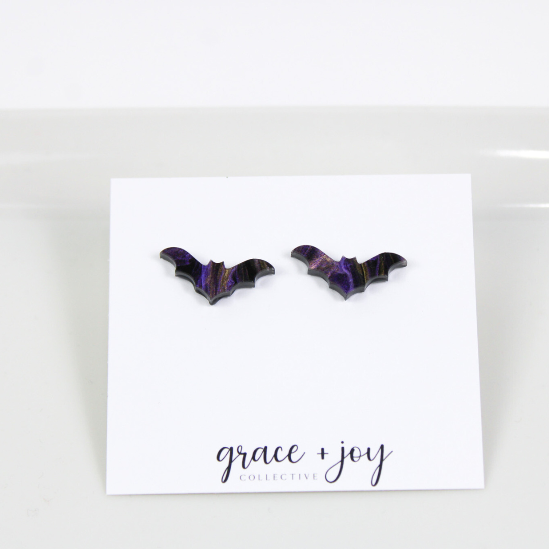 Purple and Black Halloween Bat Earrings - Stud image 1