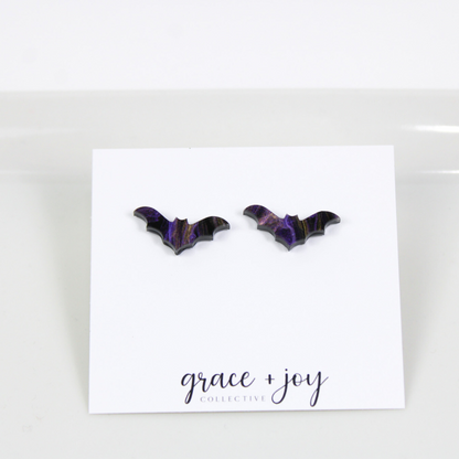 Purple and Black Halloween Bat Earrings - Stud image 1