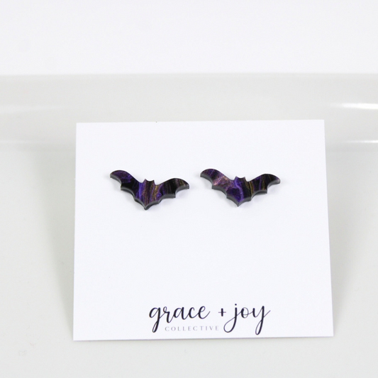 Purple and Black Halloween Bat Earrings - Stud image 1