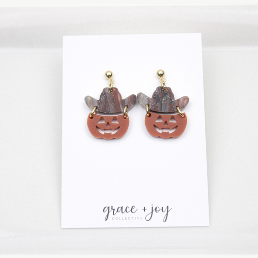 Cowboy Pumpkin Earrings - Dangle Cowboy Hat Halloween image 0