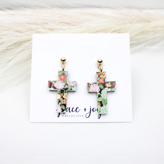 Floral Cross Earrings - Prink and Green -Dangle image 0