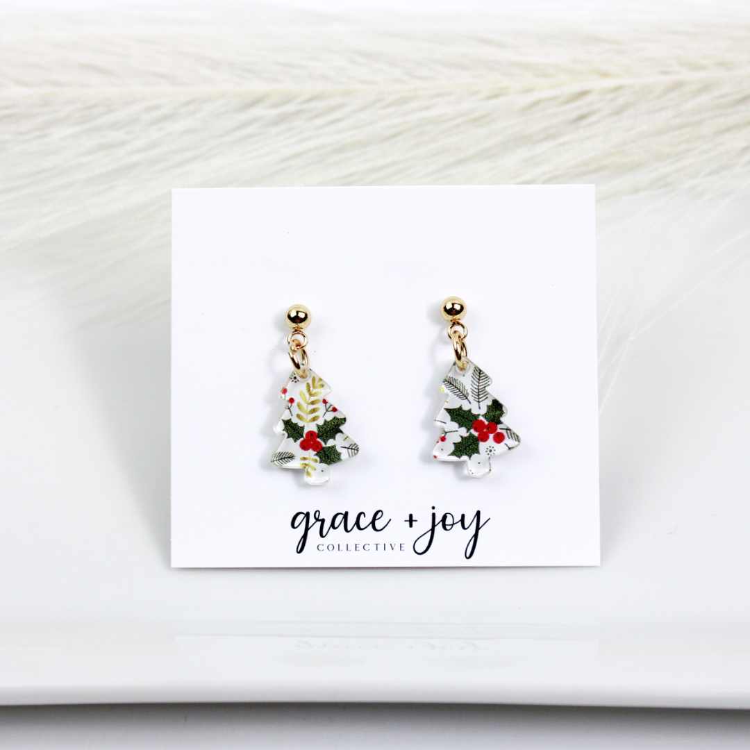 Holly Berry Mini Christmas Tree Earrings image 0