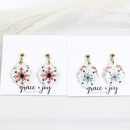 Retro Watercolor Snowflake Scalloped Earrings - Dangle image 2