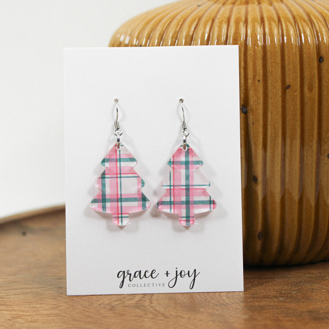Pink and Grey Christmas Tree Earrings -Dangles image 0