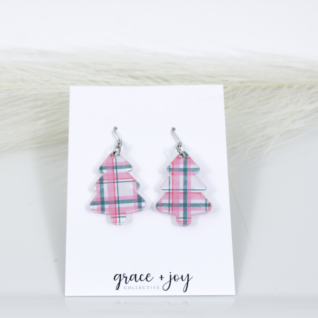 Pink and Grey Christmas Tree Earrings -Dangles image 1