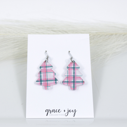 Pink and Grey Christmas Tree Earrings -Dangles image 1