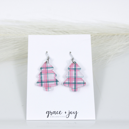 Pink and Grey Christmas Tree Earrings -Dangles image 1