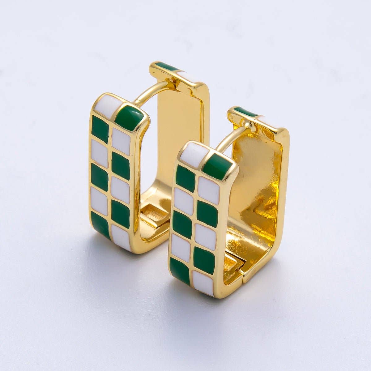 Checkered Enamel Square Huggie Earrings