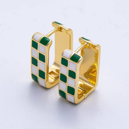 Checkered Enamel Square Huggie Earrings
