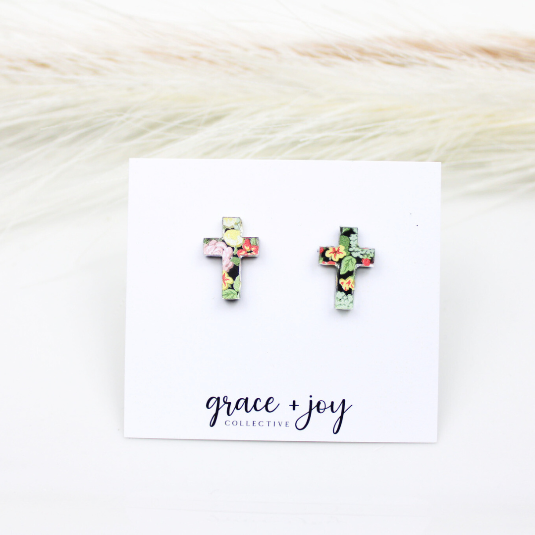 Floral Cross Earrings -Studs image 0