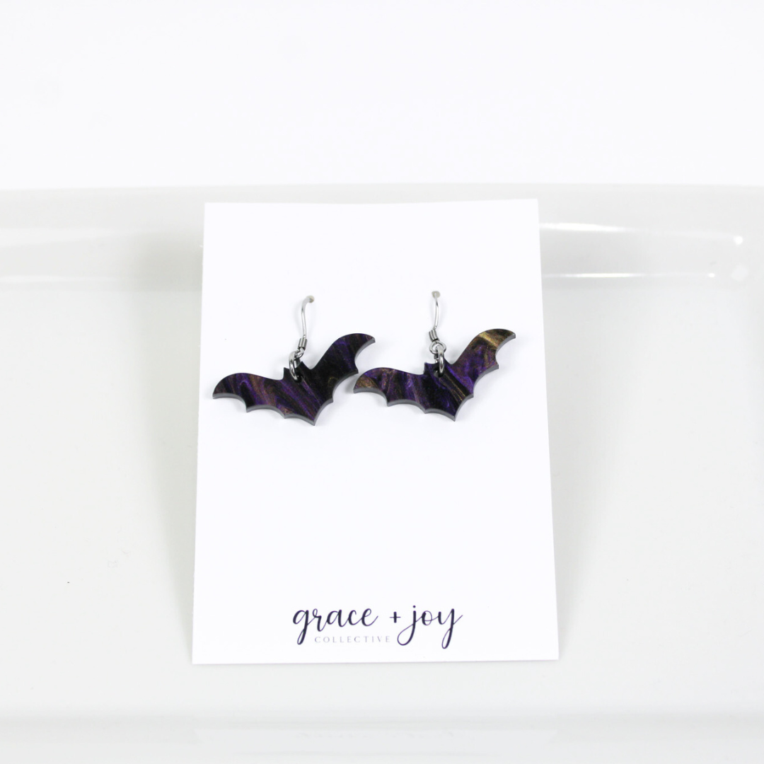 Purple and Black Halloween Bat Earrings - Dangle image 2