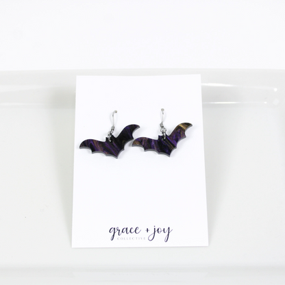 Purple and Black Halloween Bat Earrings - Dangle image 2