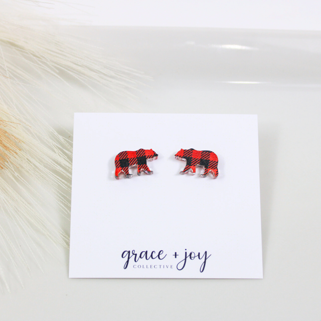 Buffalo Plaid Bear Earrings -Studs image 1