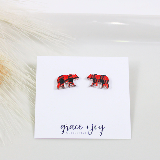Buffalo Plaid Bear Earrings -Studs image 1