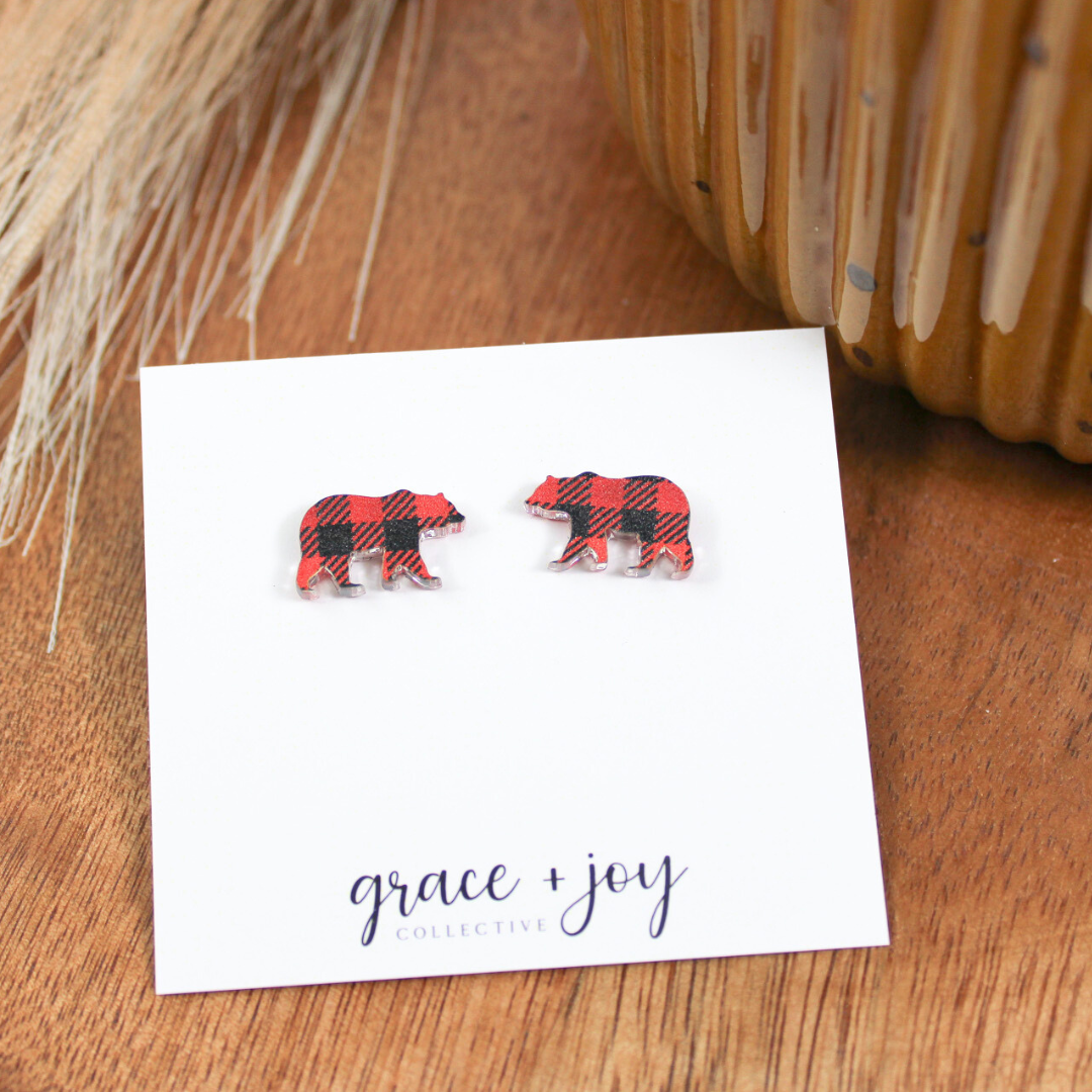 Buffalo Plaid Bear Earrings -Studs image 0