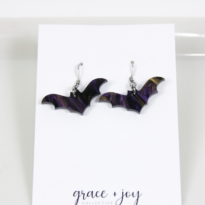 Purple and Black Halloween Bat Earrings - Dangle image 1
