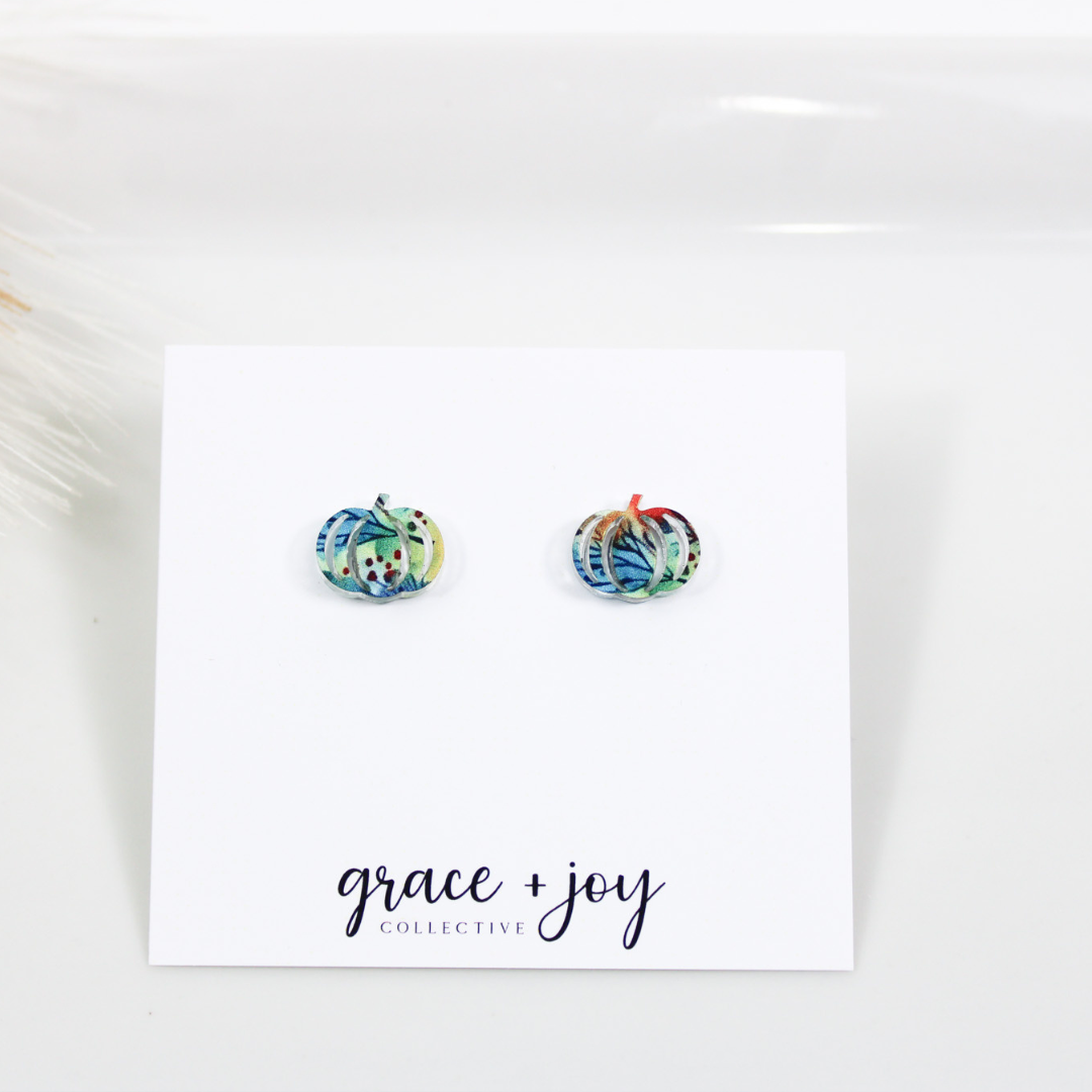 Watercolor Fall Pumpkin Earrings -Studs image 0