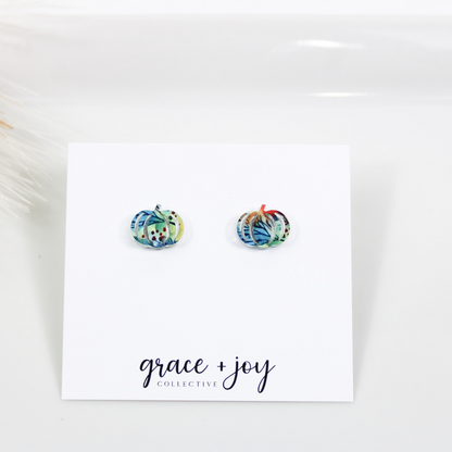 Watercolor Fall Pumpkin Earrings -Studs image 0