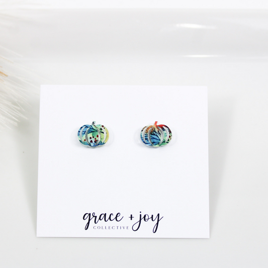 Watercolor Fall Pumpkin Earrings -Studs image 0