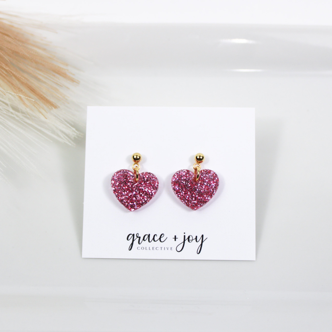 Pink Heart Glitter Earrings -Dangle image 0
