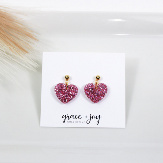 Pink Heart Glitter Earrings -Dangle image 0