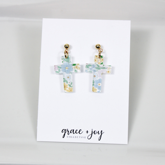 Pastel Floral Cross Earrings