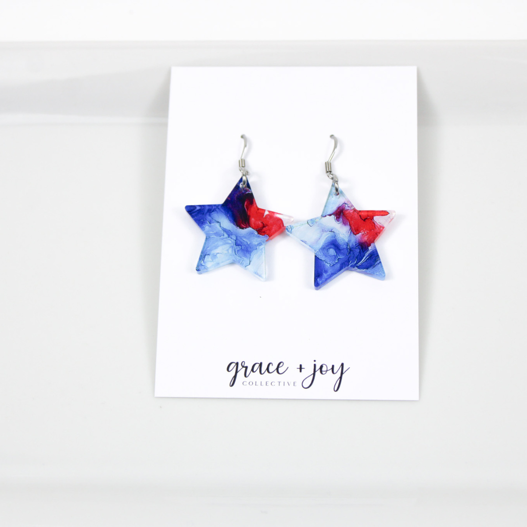 Red, White and Blue Tie Dye Star Earrings