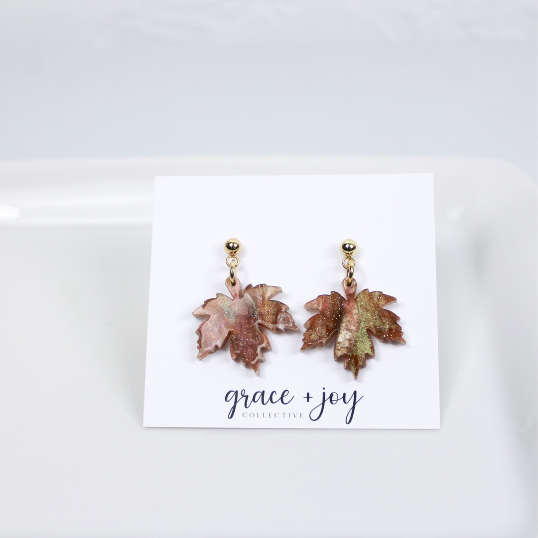 Brown Glitter Maple Leaf Earrings