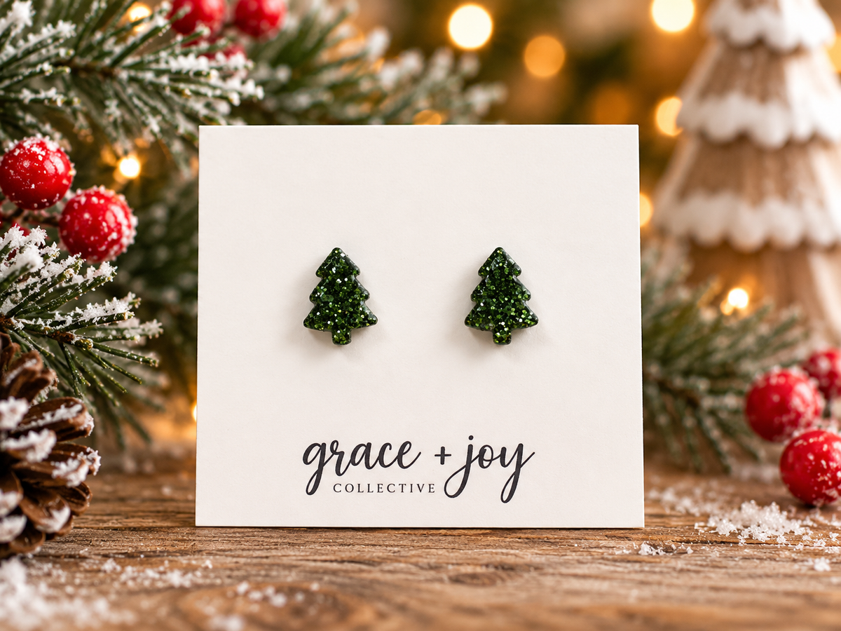 Green Glitter Christmas Tree Stud Earrings