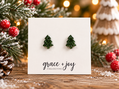 Green Glitter Christmas Tree Stud Earrings