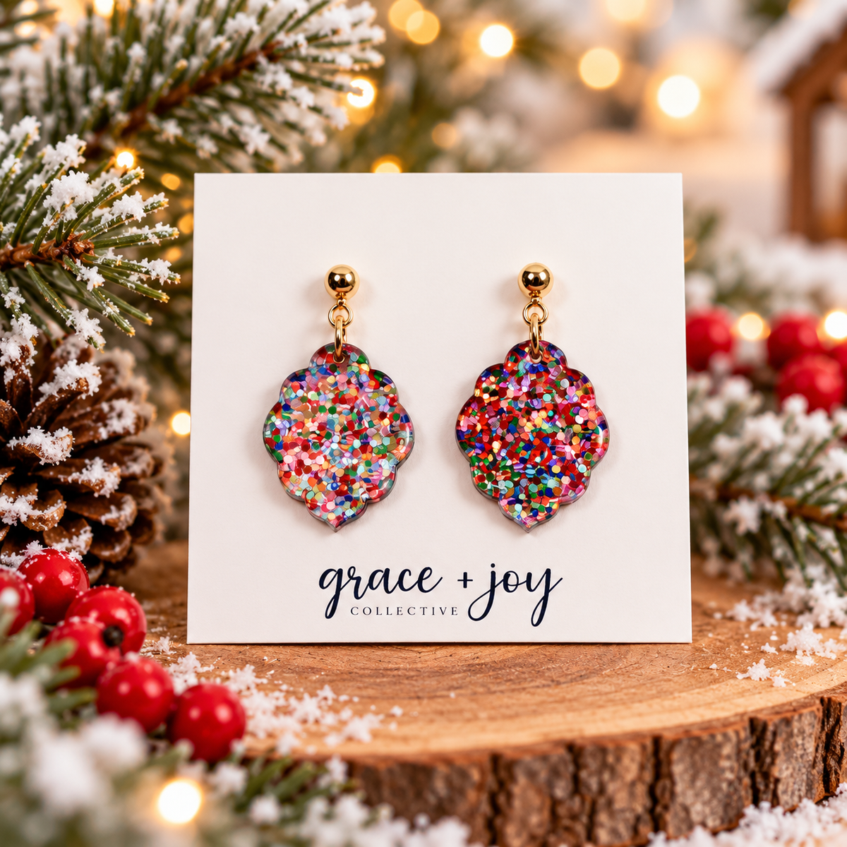 Chunky Glitter Christmas Earrings Scallop Earrings