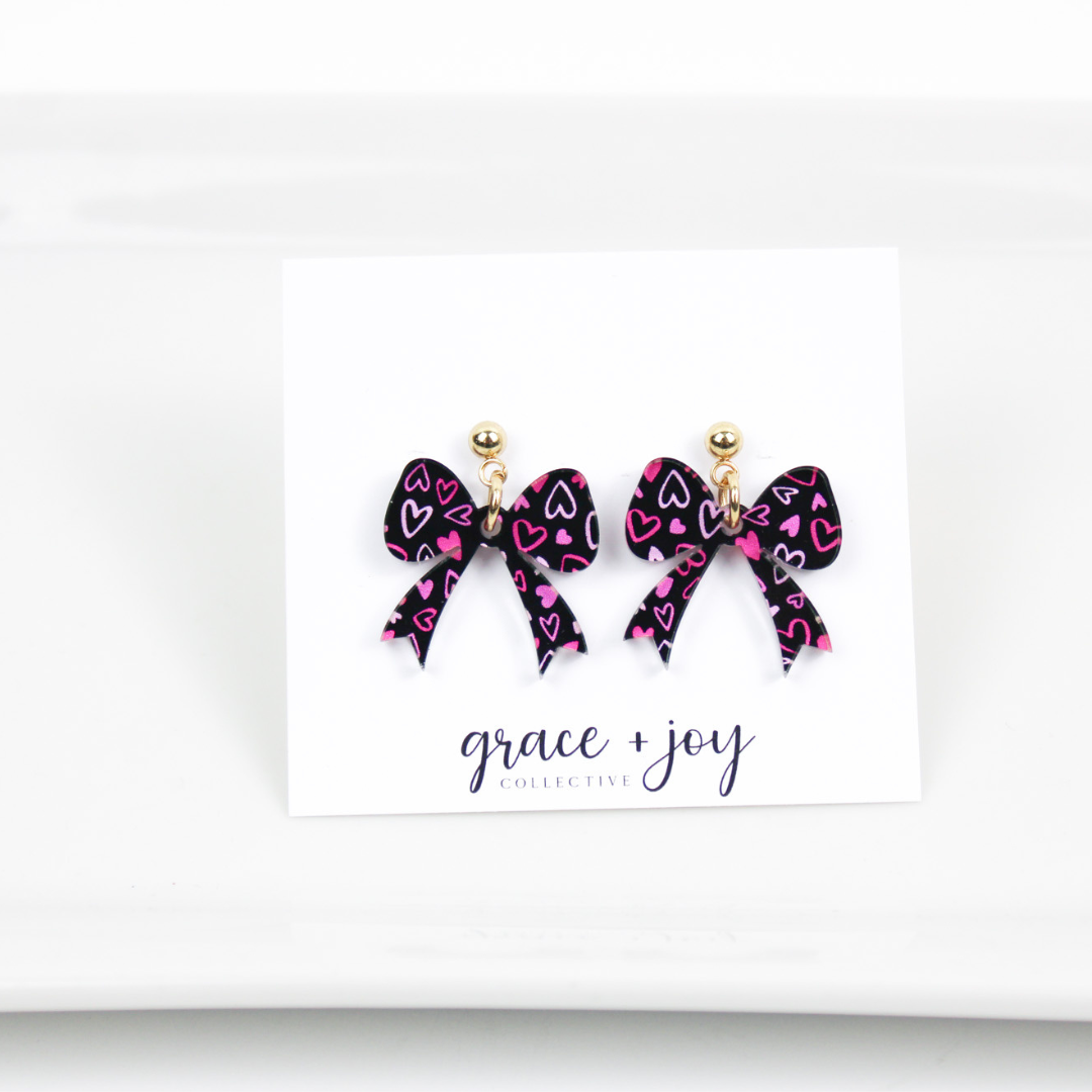 Pink and Black Bow Earrings