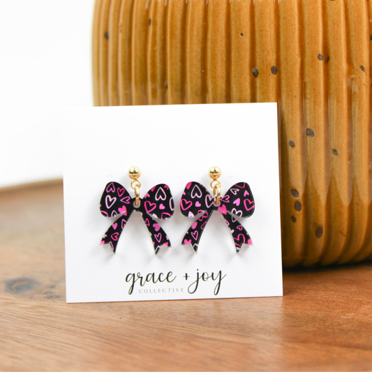 Pink and Black Bow Earrings
