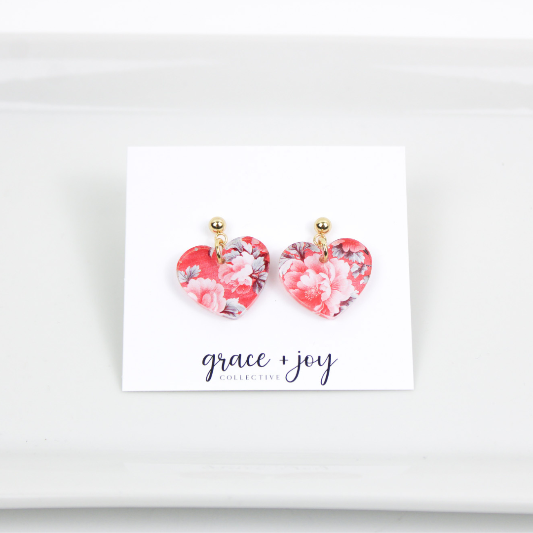 Pink Rose Heart Earrings