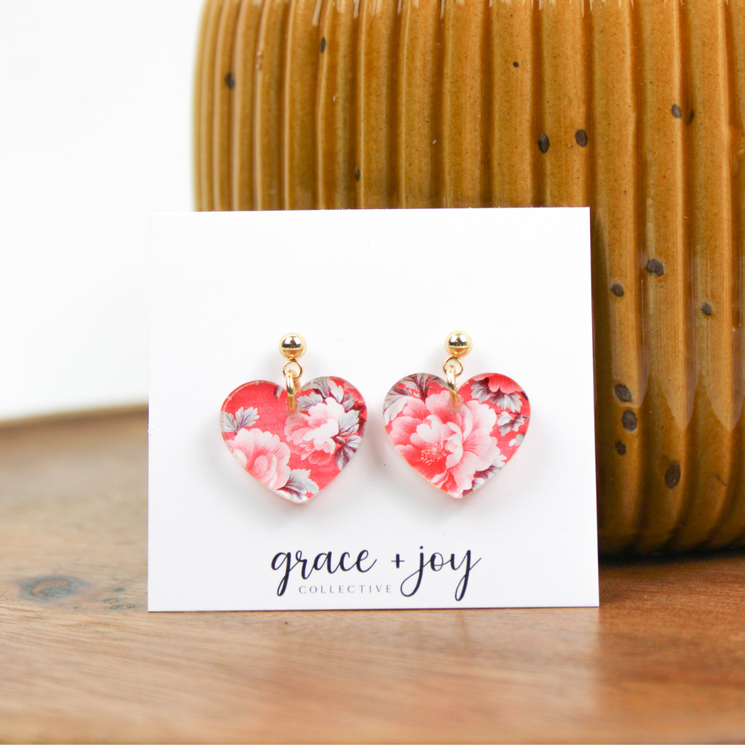Pink Rose Heart Earrings