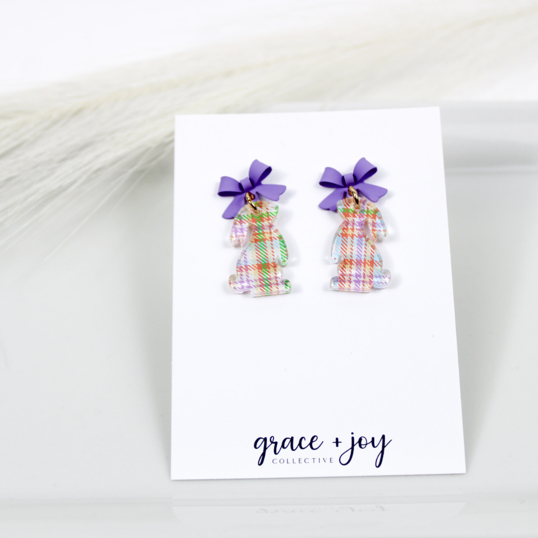 Pastel Plaid Easter Bunny Earrings With Bow