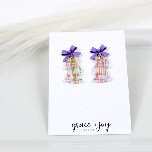 Pastel Plaid Easter Bunny Earrings With Bow