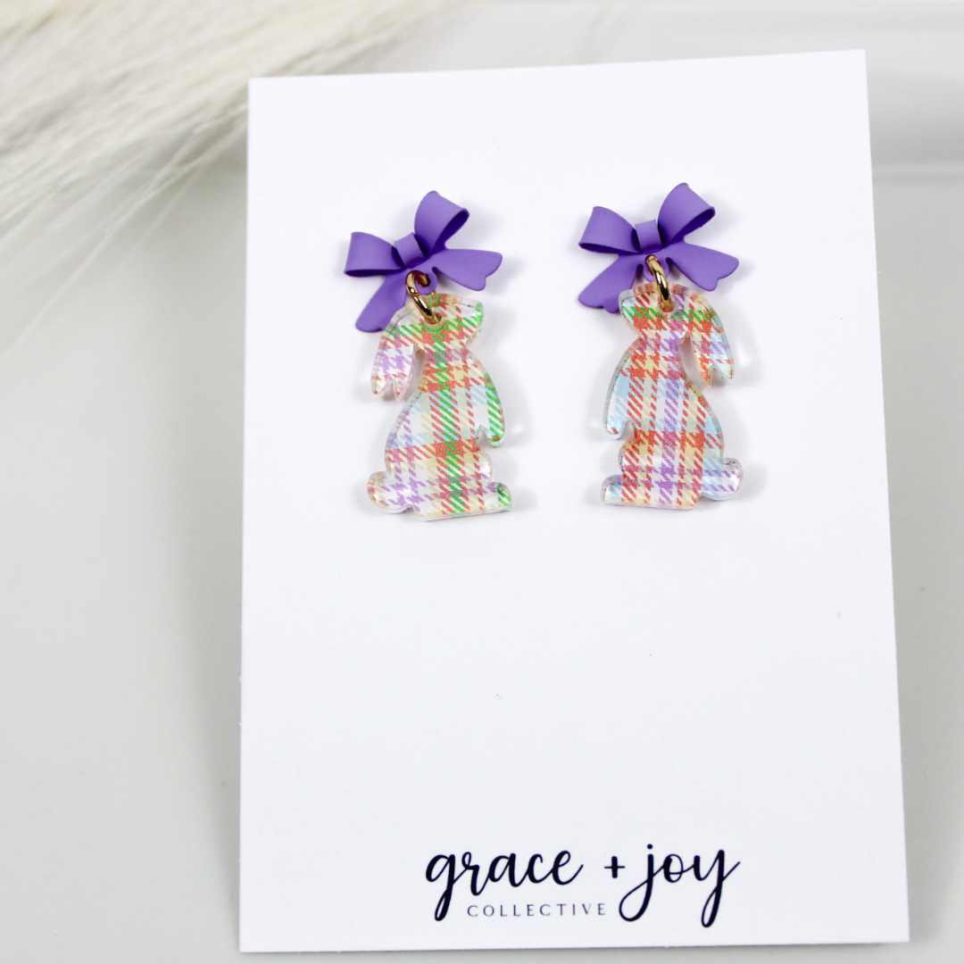 Pastel Plaid Easter Bunny Earrings With Bow