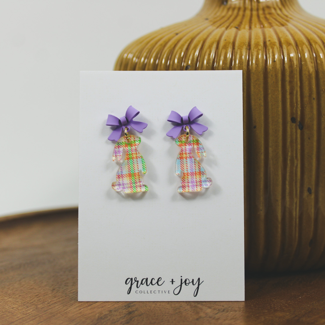 Pastel Plaid Easter Bunny Earrings With Bow