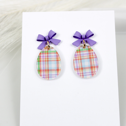 Pastel Plaid Easter Egg Earrings With Bow