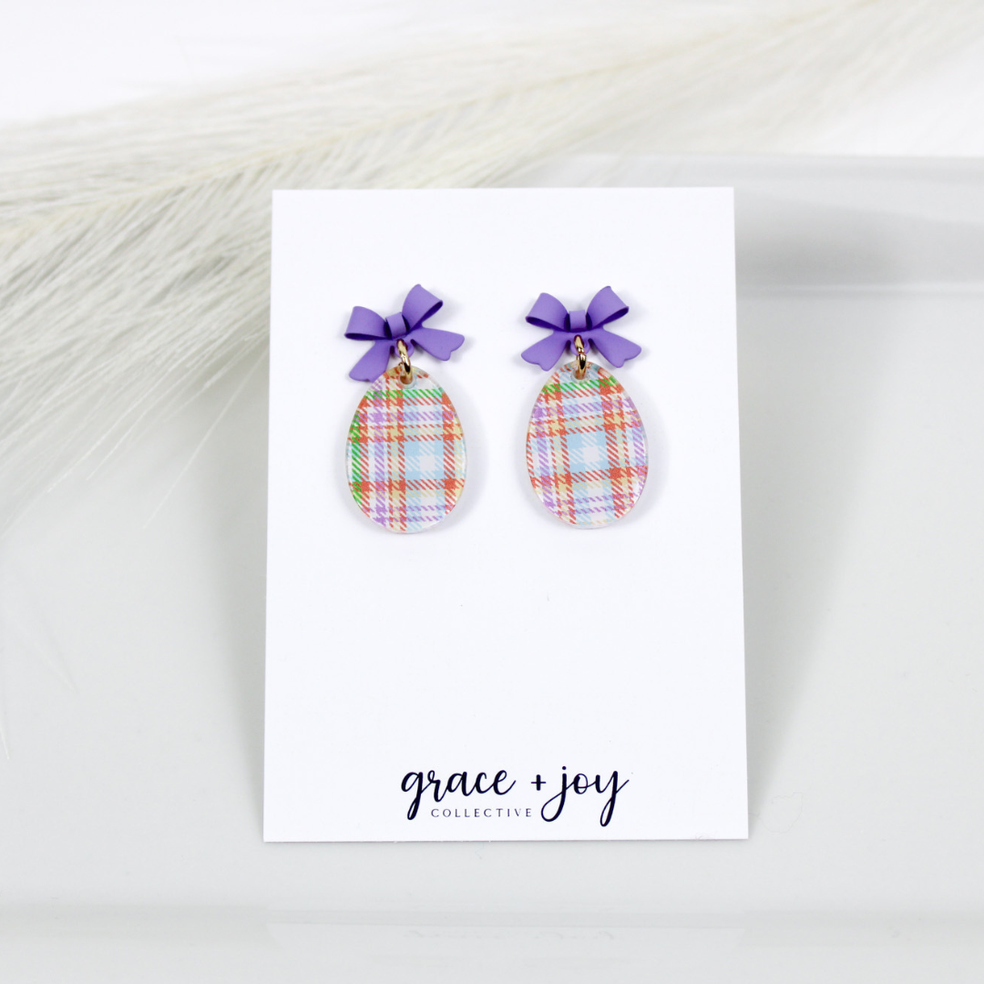 Pastel Plaid Easter Egg Earrings With Bow