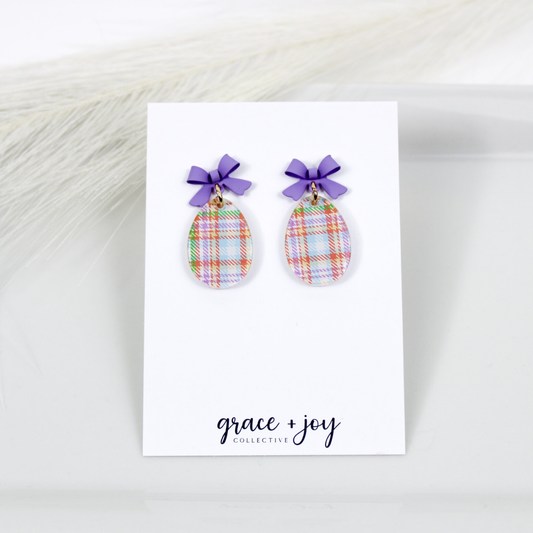 Pastel Plaid Easter Egg Earrings With Bow