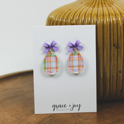 Pastel Plaid Easter Egg Earrings With Bow