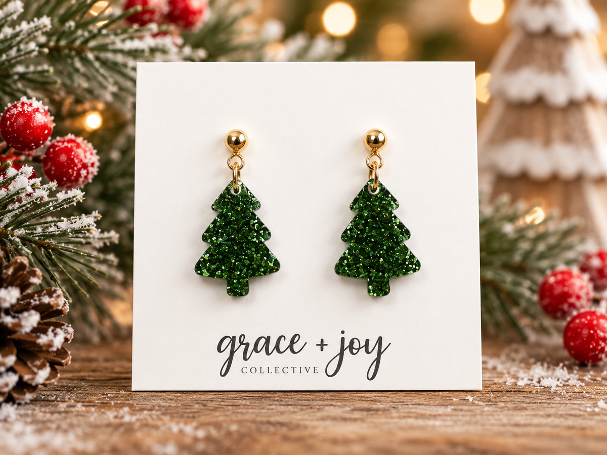 Green Glitter Christmas Tree Earrings