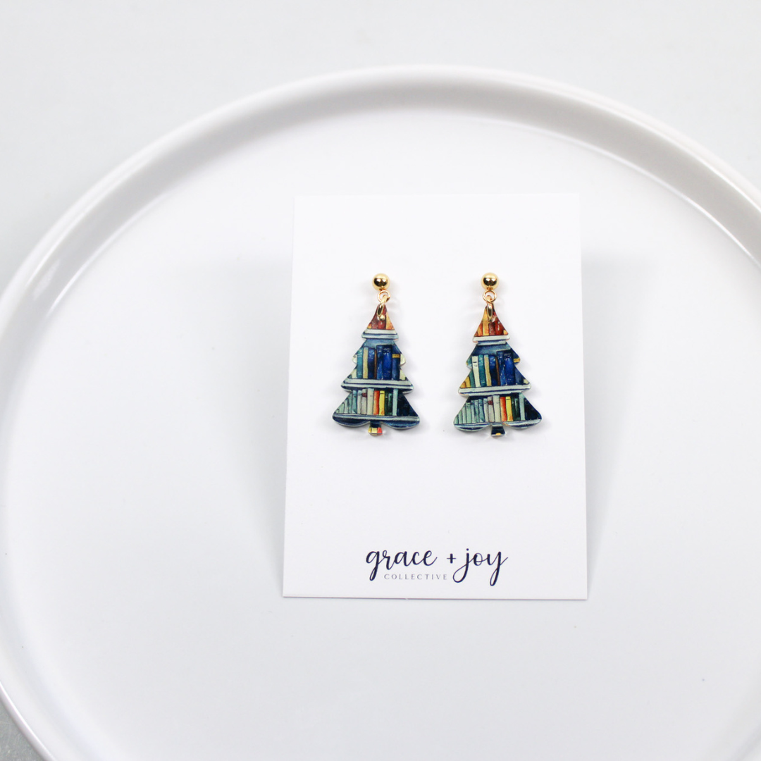 Book Christmas Tree Earrings