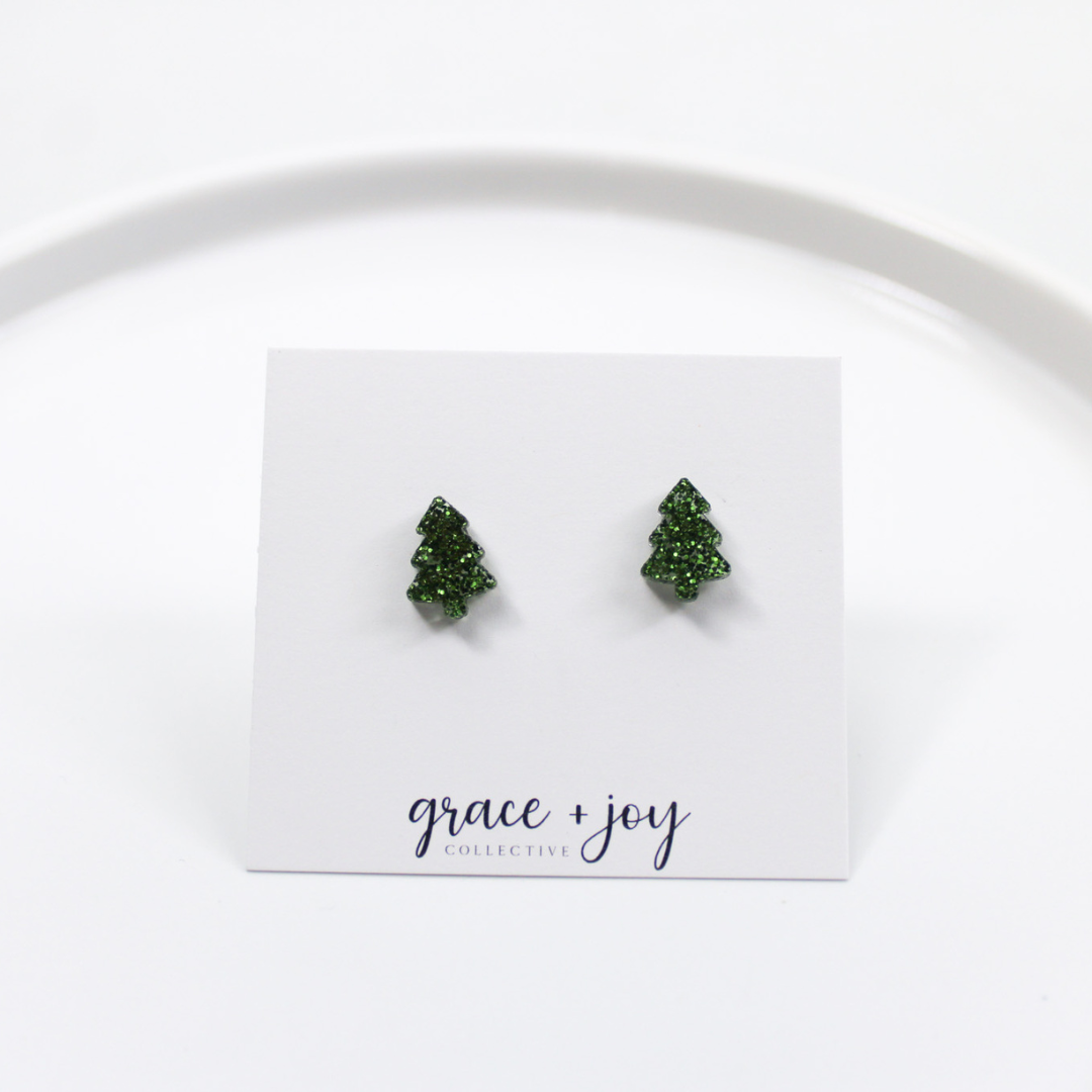 Green Glitter Christmas Tree Stud Earrings